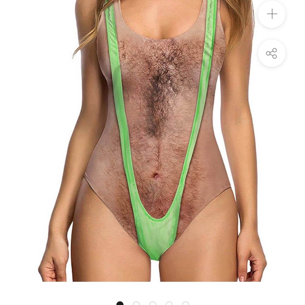 Novelty Hairy Chest Swimsuit with Green Straps